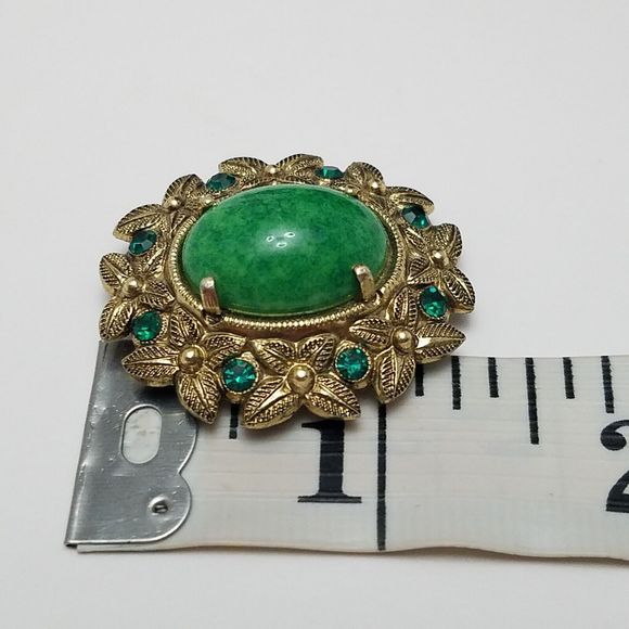 Vtg West Germany Green Cabochon Glass & Rhinestone Goldtone Floral Pin Brooch - Picture 7 of 7